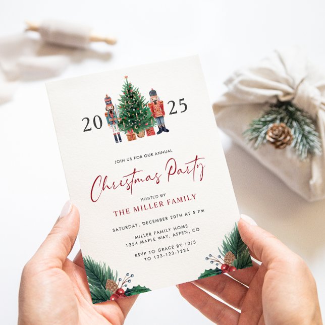 Invitaciones a la fiesta de Navidades botánicos de (2025 Nutcracker Watercolor Botanical Christmas Party Invitations by Painted Paperie
)