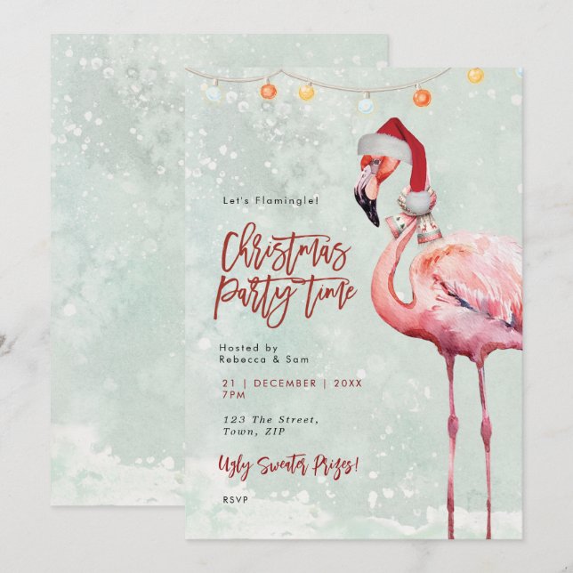 invitaciones a la fiesta de Navidades de flamingo  (Anverso / Reverso)