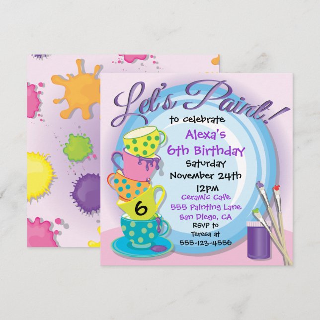 Invitaciones a la fiesta de pintura de cerámica de (Anverso / Reverso)