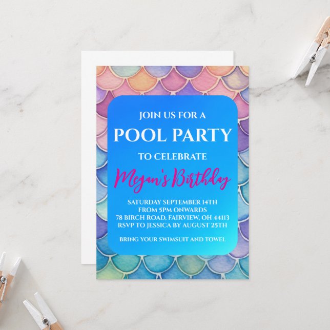 invitaciones a la fiesta de piscina de sirena (Anverso/Reverso In Situ)