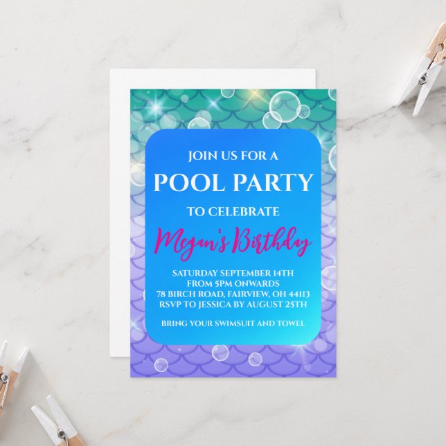 invitaciones a la fiesta de piscina de sirena (Anverso/Reverso In Situ)