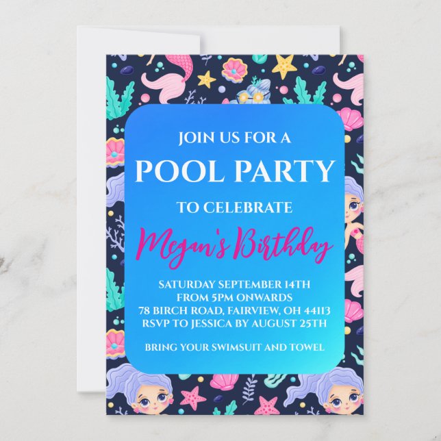 invitaciones a la fiesta de piscina de sirena (Anverso)