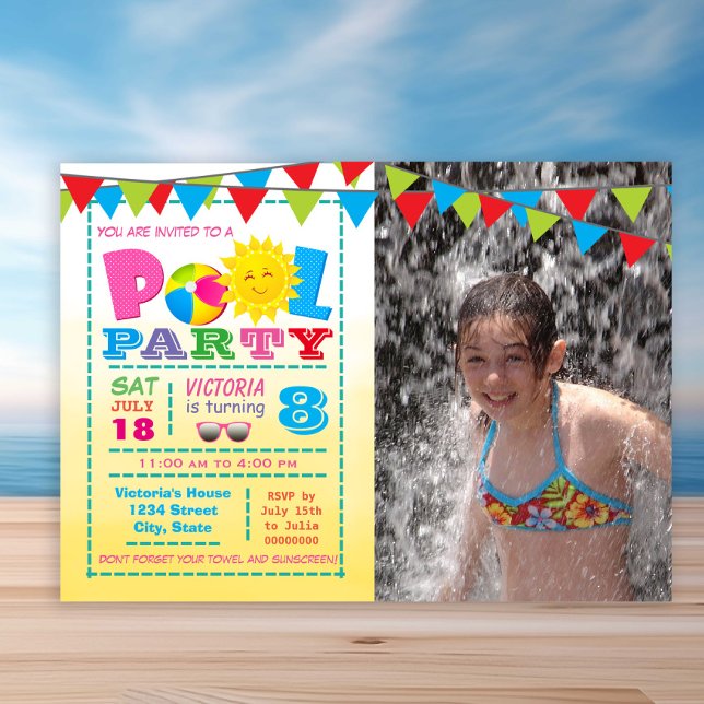 Invitaciones a la fiesta de piscina para niñas (Cute any number pool birthday party invitation. Simply add your details and photo.)