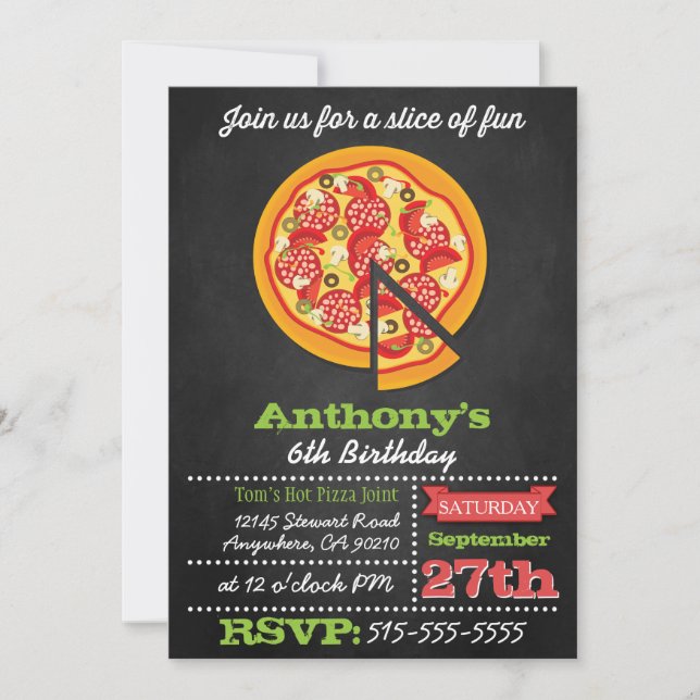 Invitaciones a la fiesta de pizzas de Chalkboard (Anverso)