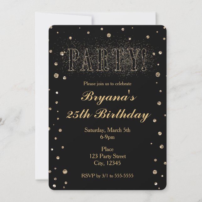 Invitaciones a la fiesta de Purpurinas de Black &  (Anverso)