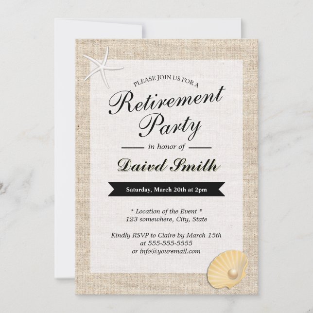 Invitaciones a la fiesta de retiro Burlap con tema (Anverso)