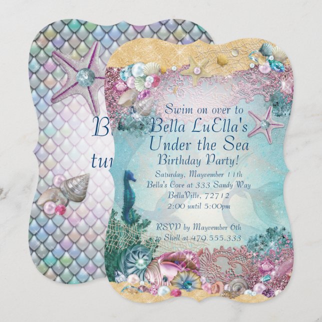 Invitaciones a la fiesta de Sirena bajo el Mar (Anverso / Reverso)