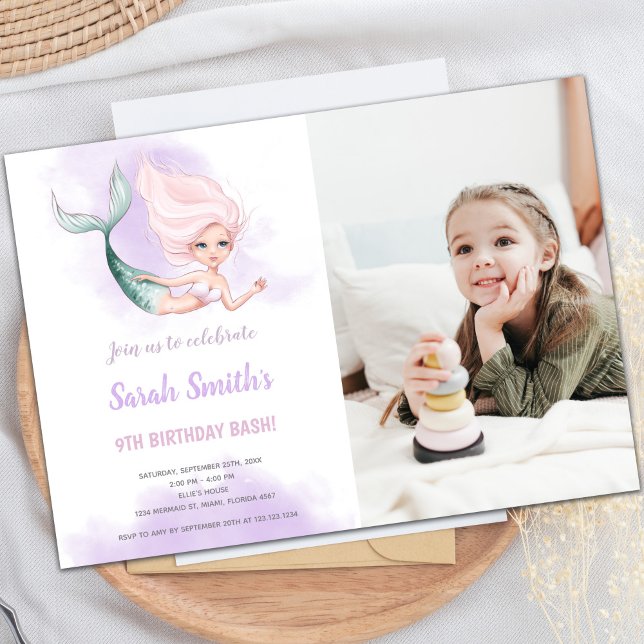 Invitaciones a la fiesta de sirena de personalizab (Blond Mermaid Birthday Invitations with photo)