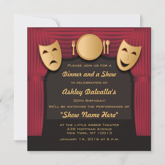 Invitaciones a la fiesta de teatro Red and Gold Di (Anverso)