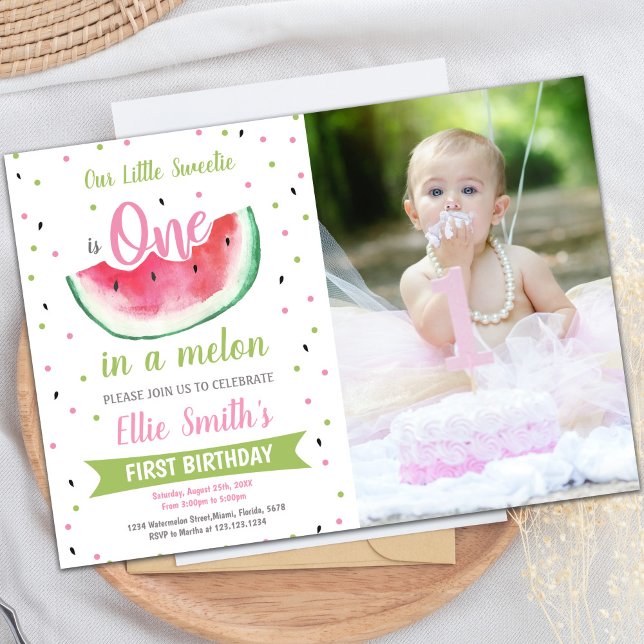 Invitaciones a la fiesta de verano de personalizab (One Watermelon Birthday Invitation w photo)