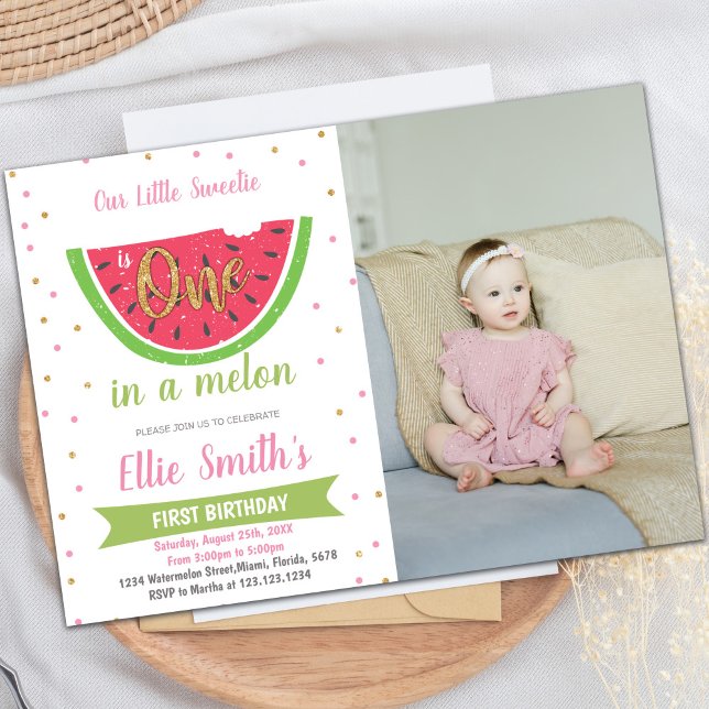 Invitaciones a la fiesta de verano de personalizab (Half Watermelon Birthday Invitations with Photo)