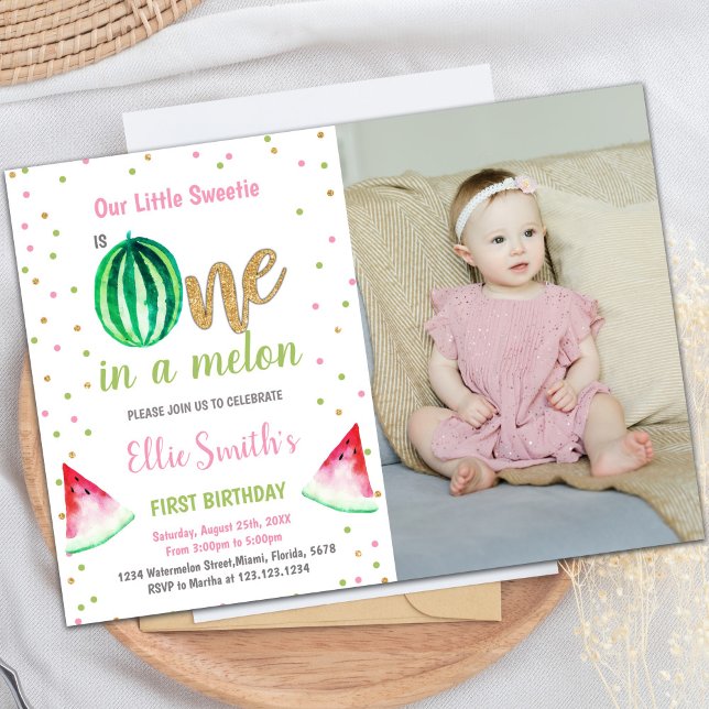 Invitaciones a la fiesta de verano de personalizab (Glitter Watermelon Birthday Invitations with photo)