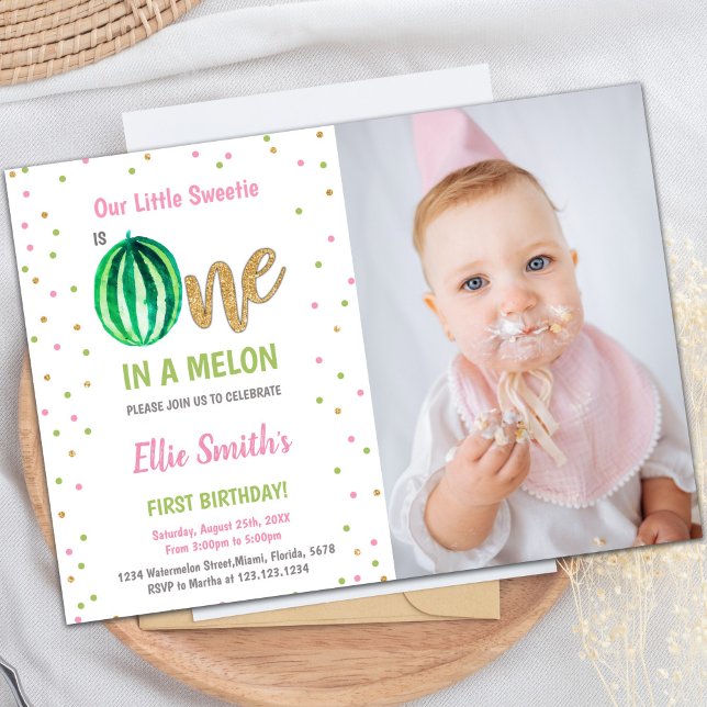 Invitaciones a la fiesta de verano de personalizab (Green Watermelon Birthday Invitations w photo)
