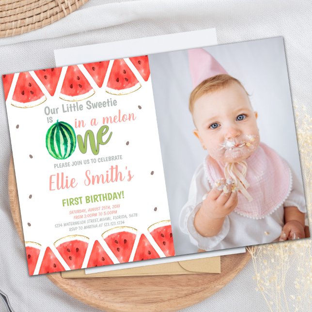 Invitaciones a la fiesta de verano de personalizab (One in melon Watermelon Birthday Invitations photo)