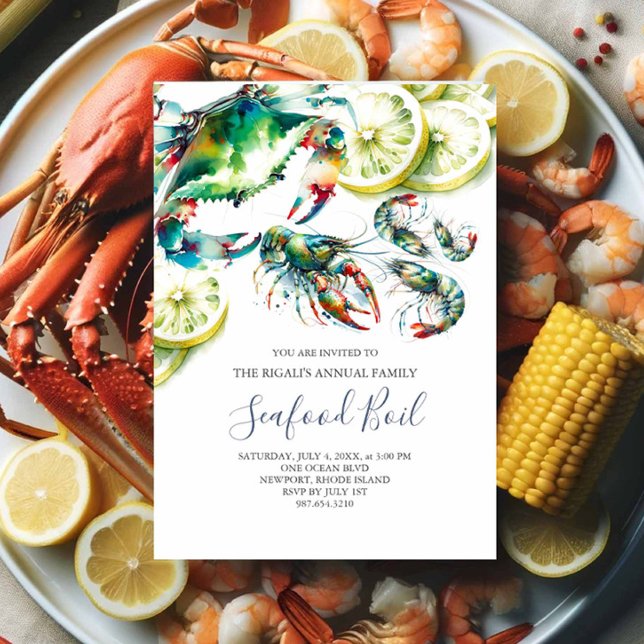 Invitaciones a la fiesta de verano para hervir el  (Seafood boil invitations watercolor crab shrimp and crawfish with lemons slow country boil)