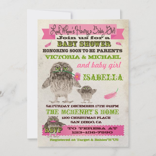 Invitaciones a la fiesta del Chica de búho difuso  (Anverso)