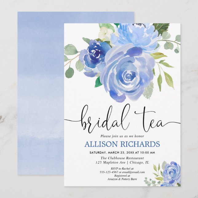 Invitaciones a la fiesta floral azul para el té nu (Anverso / Reverso)