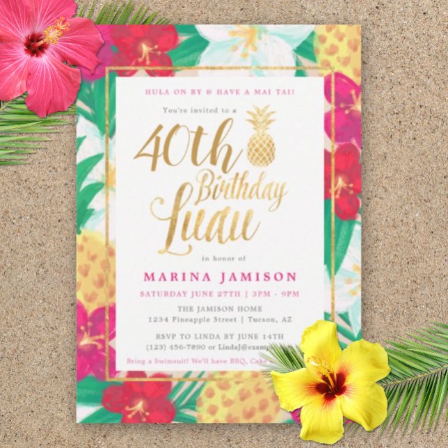 Invitaciones a la Fiesta Luau de Cumpleaños de Oro (40th Birthday Luau!  Tropical invitation sets the tone for a luscious luau party.)