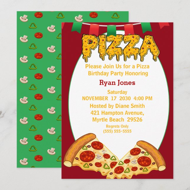 Invitaciones a la Fiesta Pizza (Anverso / Reverso)