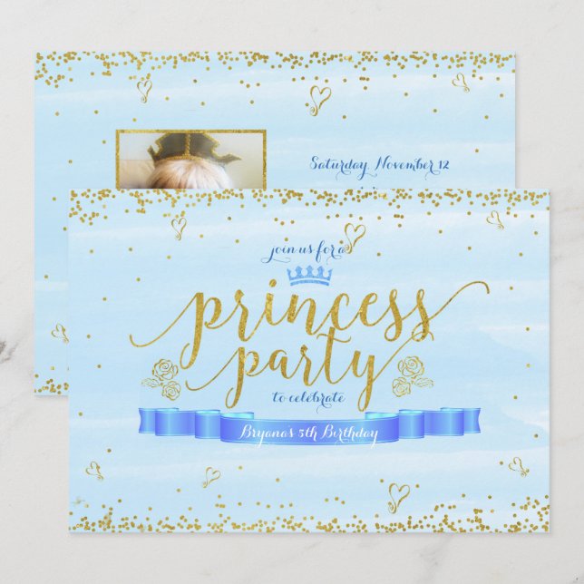 Invitaciones a la Fiesta Princesa Gold y Blue Phot (Anverso / Reverso)