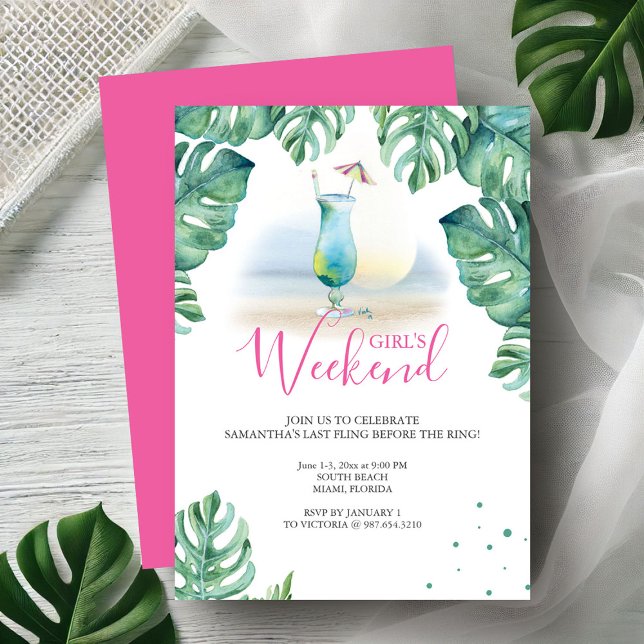 Invitaciones a la Fiesta Tropical de Bachelorette (Bachelorette party invitations tropical watercolor cocktail & palm leaf art Victoria Grigaliunas)