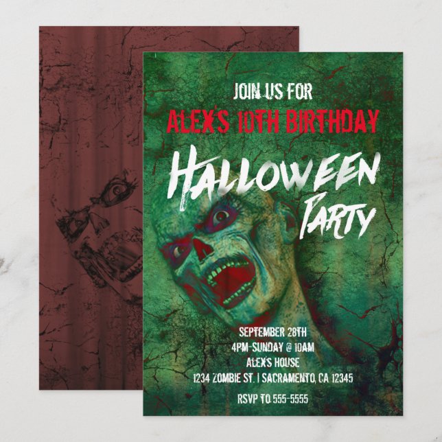 Invitaciones a la fiesta verde zombiana de Hallowe (Anverso / Reverso)