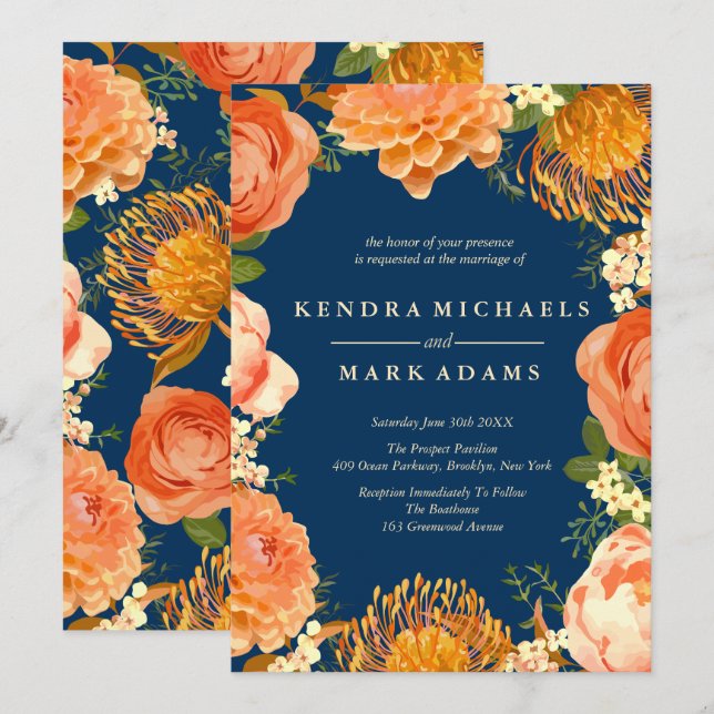 Invitaciones a la flor Naranja, Boda moderno y  (Anverso / Reverso)