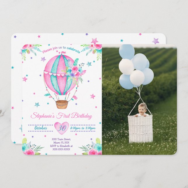 Invitaciones a la foto de cumpleaños de Air Ballon (Anverso / Reverso)