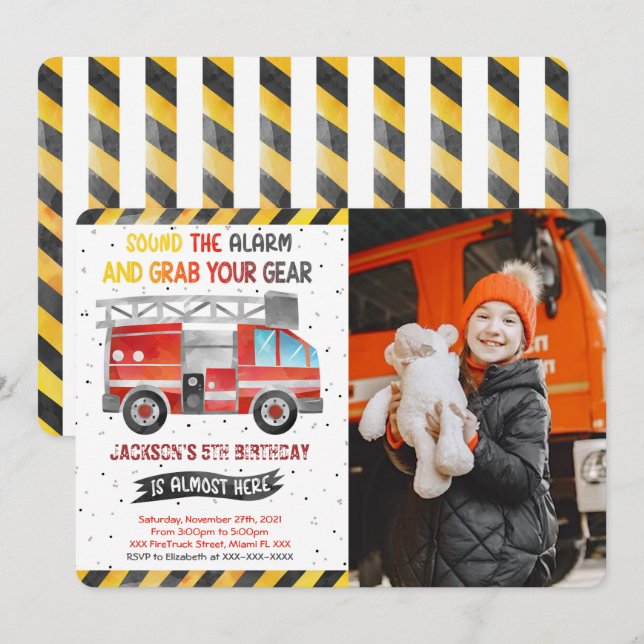 Invitaciones a la foto de cumpleaños de Fire Truck (Anverso / Reverso)