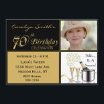 Invitaciones a la foto de la fiesta de cumpleaños<br><div class="desc">A tus invitados y al invitado de honor les encantará esta sorpresiva invitación de cumpleaños número 70. A tus invitados les encantará esta invitación fotográfica personalizada, dorada y negra sorpresa por 70 años, con copas de champán, cintas de oro y pequeñas burbujas. Sencilla pero festiva, la elegante, moda, clásica, elegantemente...</div>
