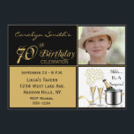 Invitaciones a la foto de la fiesta de cumpleaños<br><div class="desc">A tus invitados y al invitado de honor les encantará esta sorpresiva invitación de cumpleaños número 70. A tus invitados les encantará esta invitación fotográfica personalizada, dorada y negra sorpresa por 70 años, con copas de champán, cintas de oro y pequeñas burbujas. Sencilla pero festiva, la elegante, moda, clásica, elegantemente...</div>