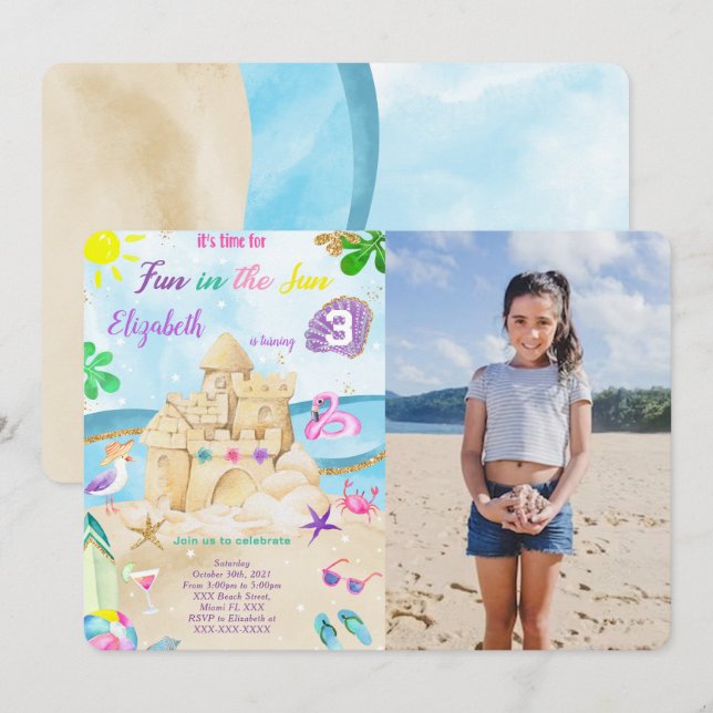 Invitaciones a la foto del cumpleaños de la playa (Anverso / Reverso)