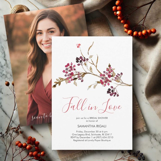 Invitaciones a la fotografía Tema de la ducha de n (photo invitations fall bridal shower theme cranberry red and brown fall in love)