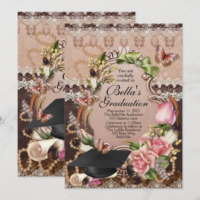 Invitaciones a la graduación de Chicas (Anverso / Reverso)