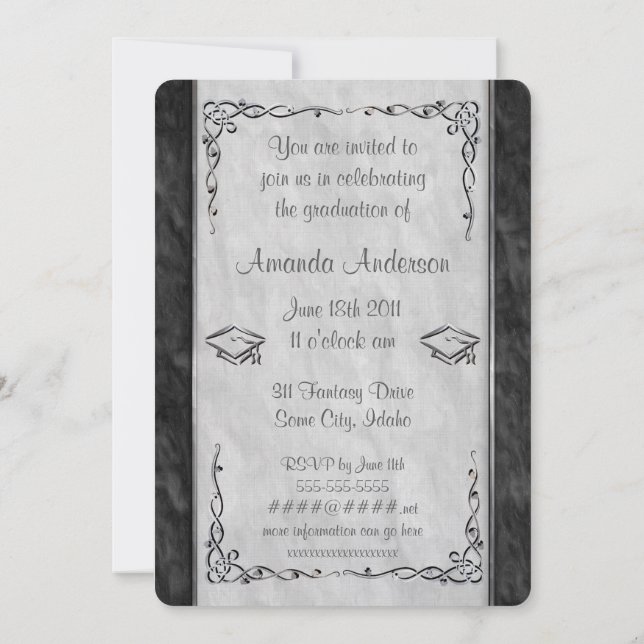 Invitaciones a la graduación en blanco y negro tex (Reverso)