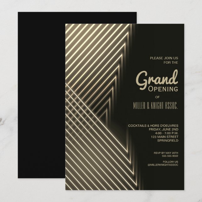 Invitaciones a la Grand Opening Gold Neon Lights (Anverso / Reverso)