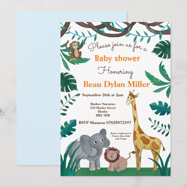 Invitaciones a la jungla de la ducha para bebés (Anverso / Reverso)