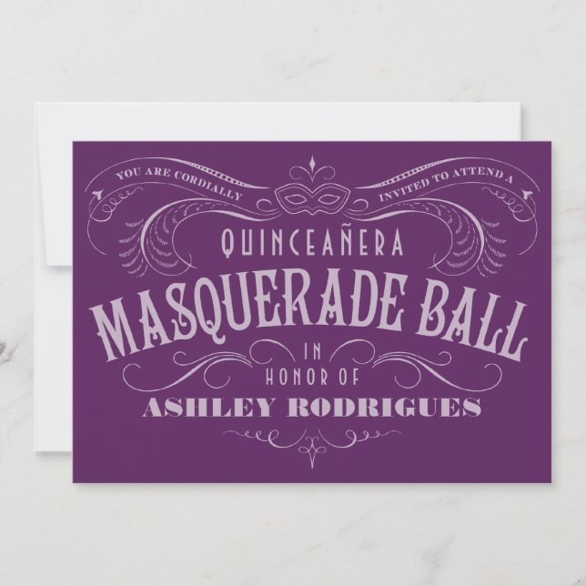 Invitaciones a la Mascarada de Quinceanera Púrpura (Anverso)