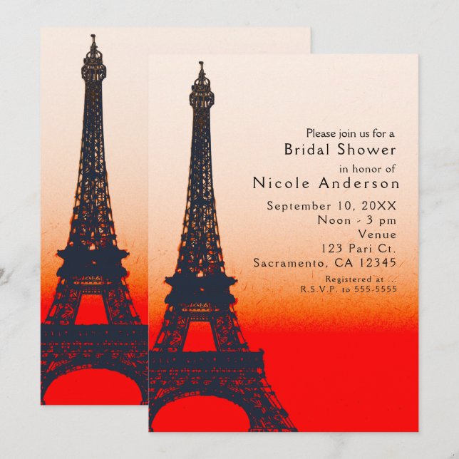 Invitaciones a la Moda de la Torre Eiffel Naranja  (Anverso / Reverso)