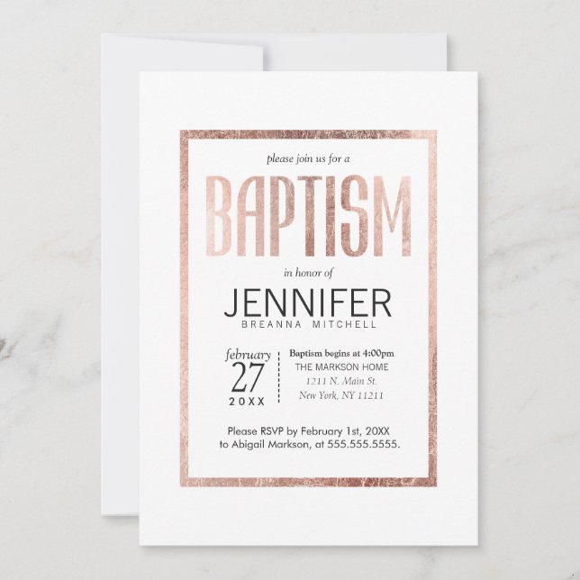 Invitaciones a la moda Faux Rosa Gold Baptism (Anverso)