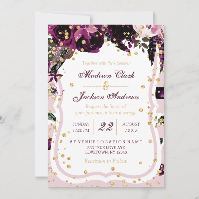 Invitaciones a la moda Morada Oscura Floral y Boda (Anverso)