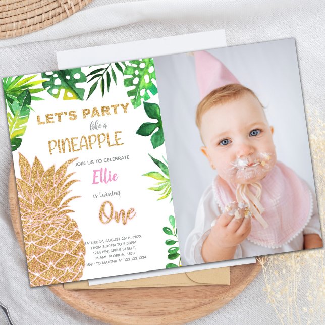 Invitaciones a la piña Purpurina dorada con foto (Golden Glitter Pineapple Invitations with photo)