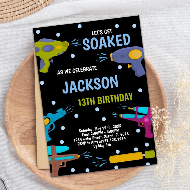 Invitaciones a la pistola de agua azul amarilla (Yellow Black Blue Water Gun Invitations)