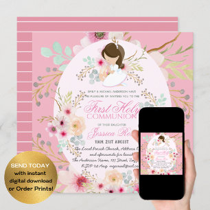 Invitaciones a la primera comunión de flor rosa ac