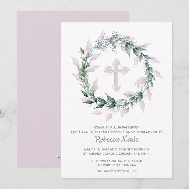 Invitaciones a la primera comunión de la cruz rosa (Anverso / Reverso)