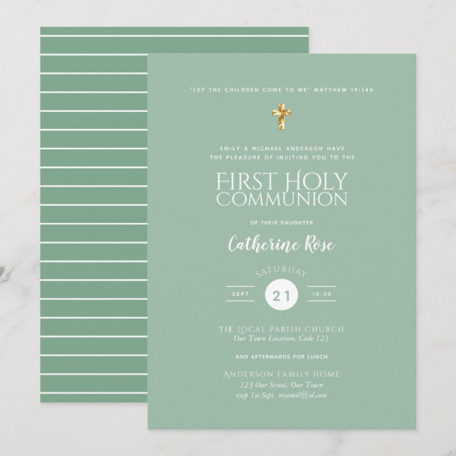 Invitaciones a la Primera Comunión Sage Green (Anverso / Reverso)