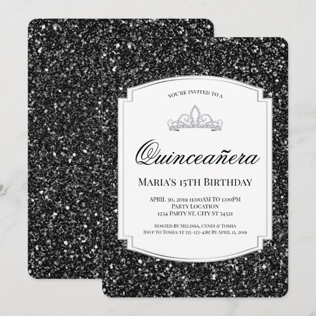 Invitaciones a la Purpurina negra Quinceañera (Anverso / Reverso)