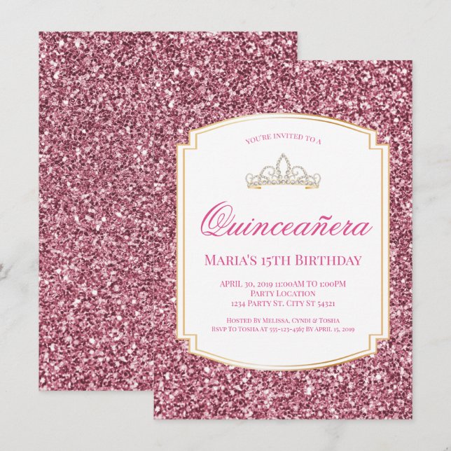 Invitaciones a la Purpurina rosa Quinceañera (Anverso / Reverso)