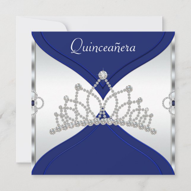 Invitaciones a la Quinceanera Azul Blanco y Real (Anverso)