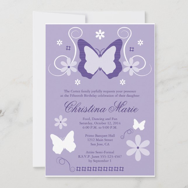 Invitaciones a la quinceañera de mariposa púrpura (Anverso)